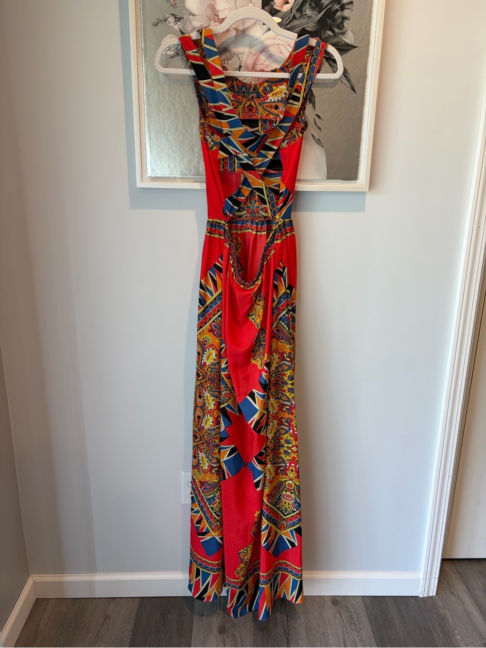 Lovers + Friends Kitty Cat Maxi Dress Scarf Print Orange Red Size Small - Picture 6 of 10